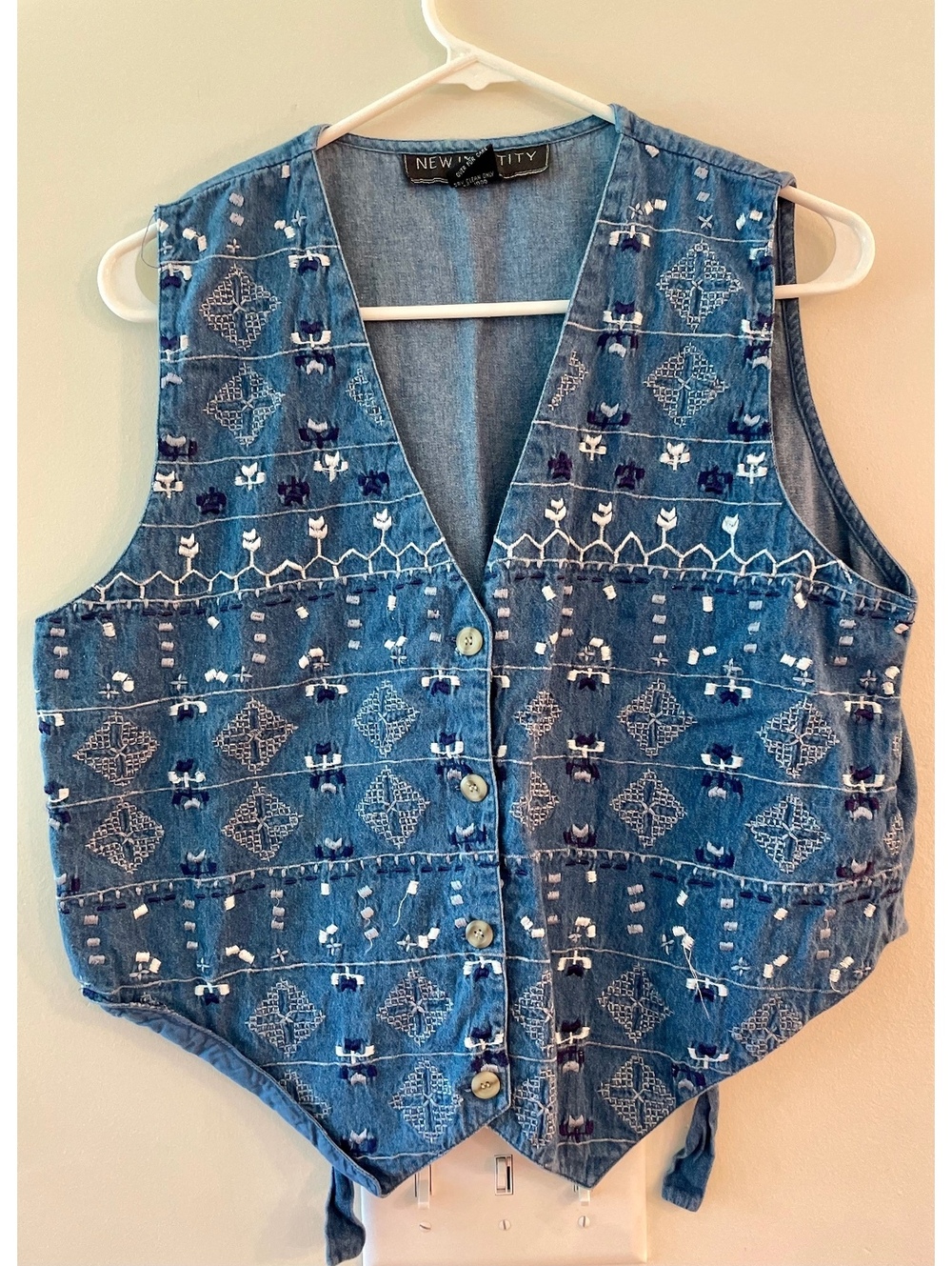 Vintage New Identity Embroidered Denim Button-Up Vest